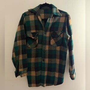 Vintage Plaid Green and Tan Wool Flannel